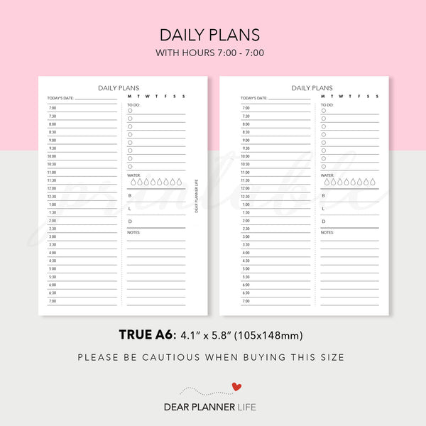 Daily Plans Wth & Without Time (A6 Rings) Printable PDF : AS-36