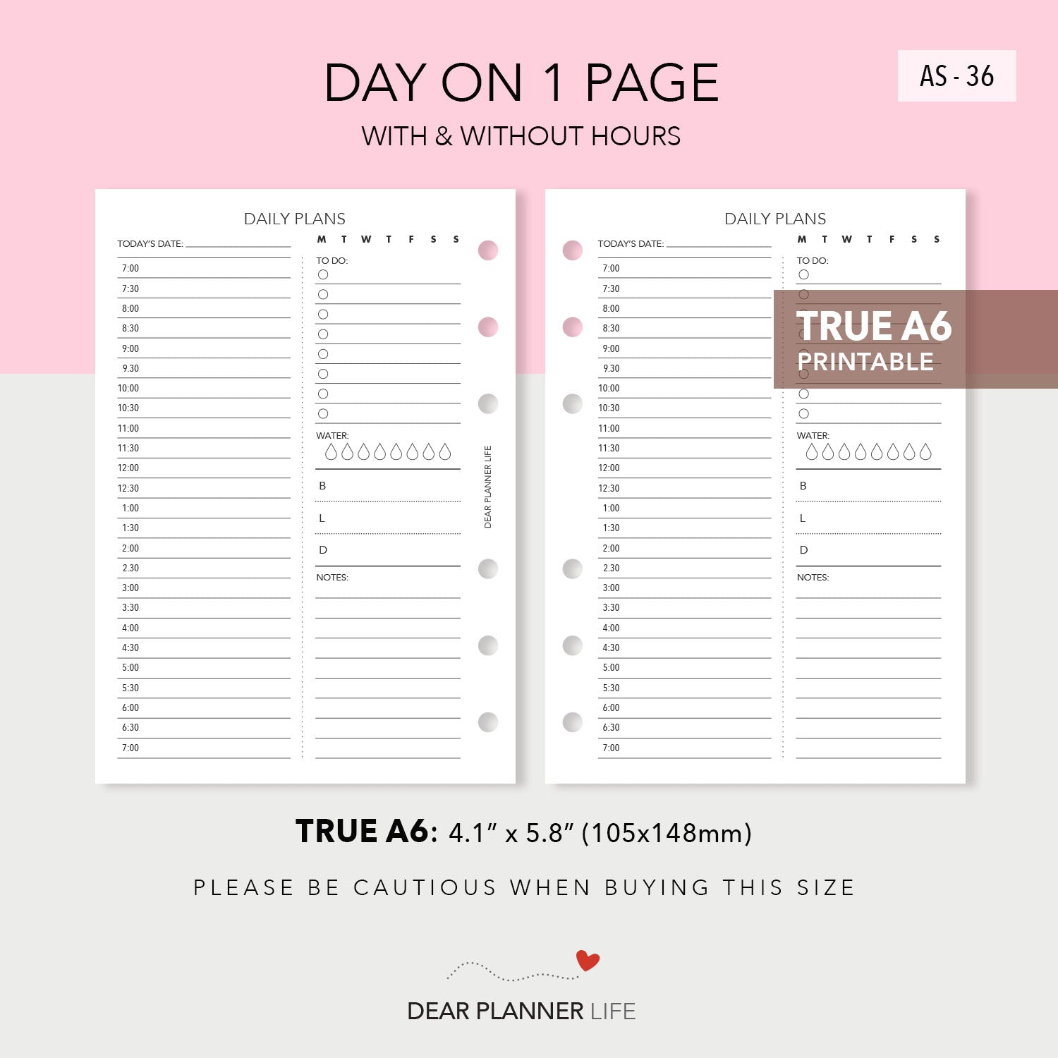 Daily Plans Wth & Without Time (A6 Rings) Printable PDF : AS-36