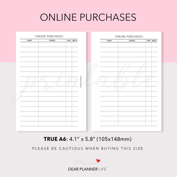 Online Purchases Tracker (A6 Rings) Printable PDF : AS-39