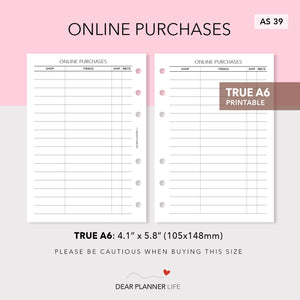 Online Purchases Tracker (A6 Rings) Printable PDF : AS-39