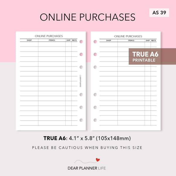 Online Purchases Tracker (A6 Rings) Printable PDF : AS-39