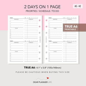 2 Days On 1 Page, Priorities / Schedule at Top (A6 Rings) Printable PDF : AS-42