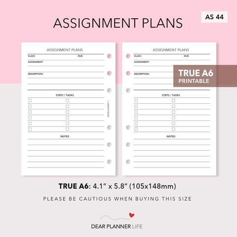 Assignment Plans Tracker (A6 Rings) Printable PDF : AS-44