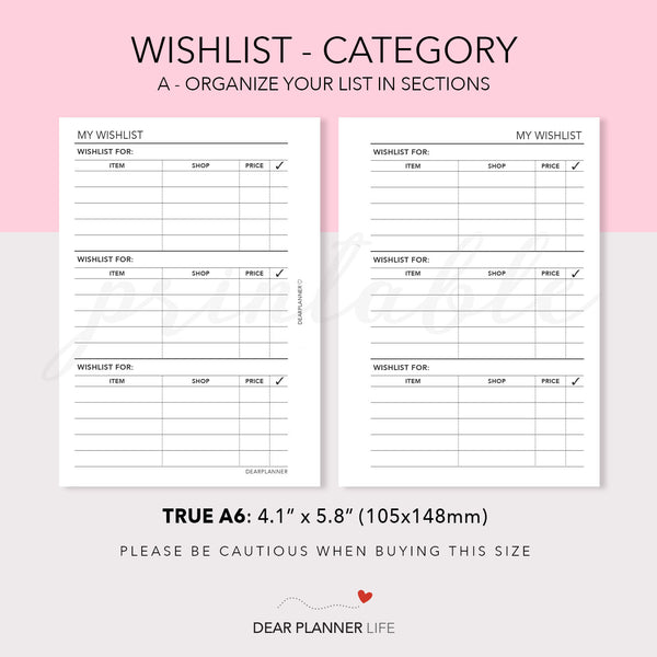 Wishlist Categories (A6 Rings) Printable PDF : AS-46A