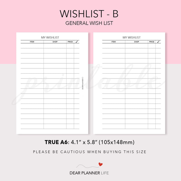 Wishlist Tracker (A6 Rings) Printable PDF : AS-46B