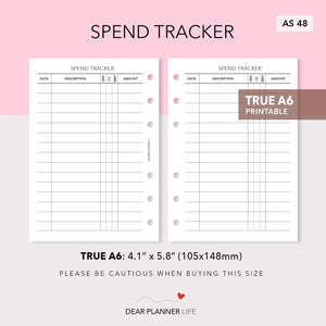 Spend Tracker (A6 Rings) Printable PDF : AS-48