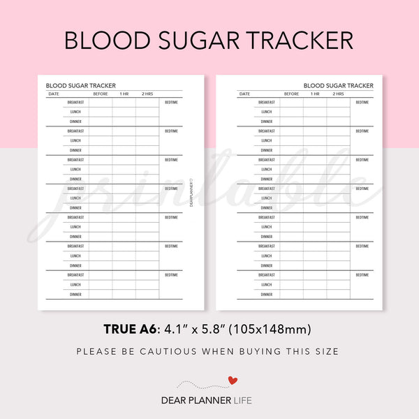 Blood Sugar Tracker (A6 Rings) Printable PDF : AS-55