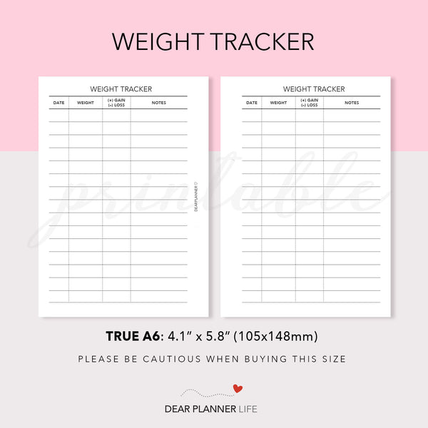 Weight Tracker (A6 Rings) Printable PDF : AS-56