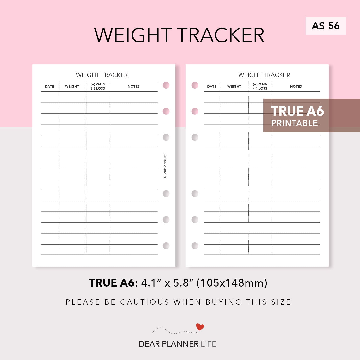 Weight Tracker (A6 Rings) Printable PDF : AS-56