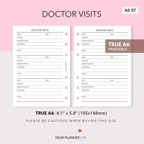 Doctor Visits Tracker (A6 Rings) Printable PDF : AS-57