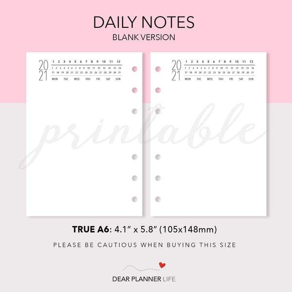 Daily Notes with Year Header (A6 Rings) Printable PDF : AS-65