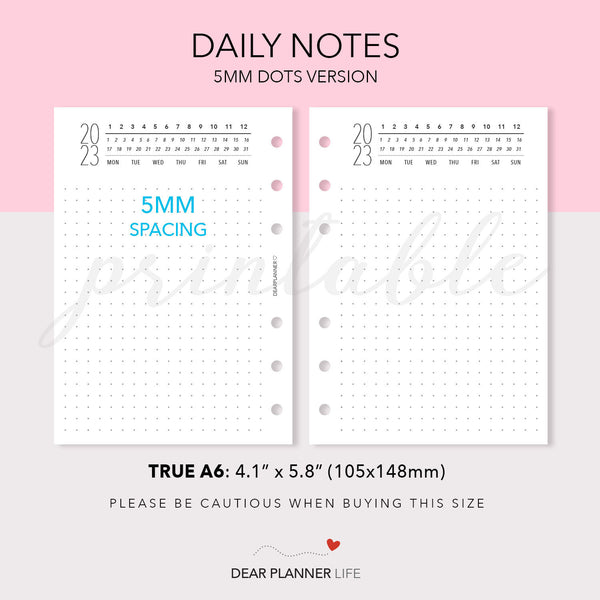 Daily Notes with Year Header (A6 Rings) Printable PDF : AS-65