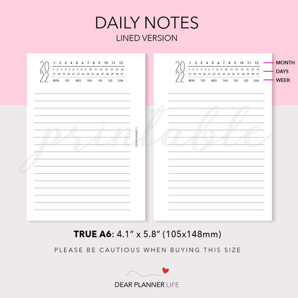 Daily Notes with Year Header (A6 Rings) Printable PDF : AS-65