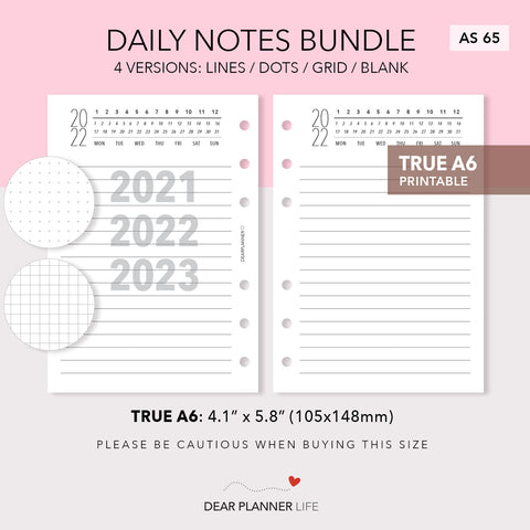 Daily Notes with Year Header (A6 Rings) Printable PDF : AS-65