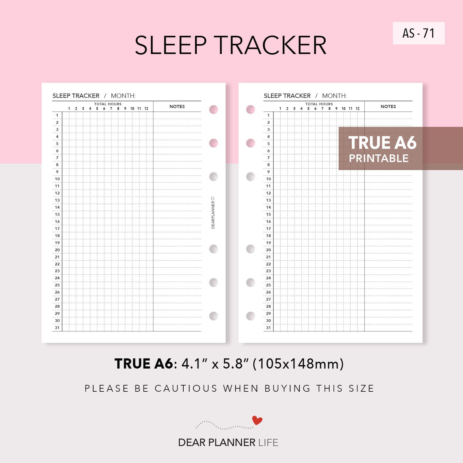 Sleep Tracker (A6 Rings) Printable PDF : AS-71