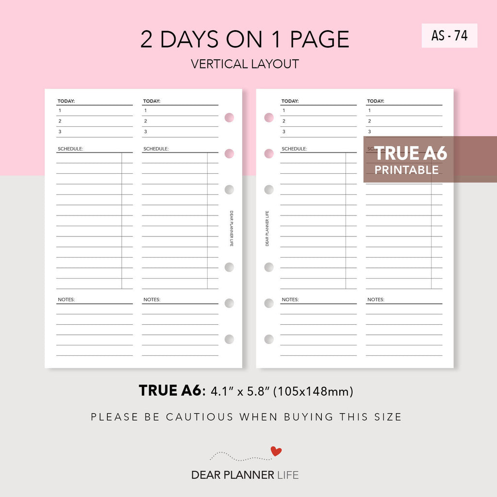 Dear Layout 2 Days On 1 Page Vertical Layout (A6 Rings) Printable PDF : AS-74 ...