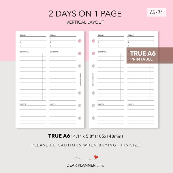 2 Days On 1 Page Vertical Layout (A6 Rings) Printable PDF : AS-74