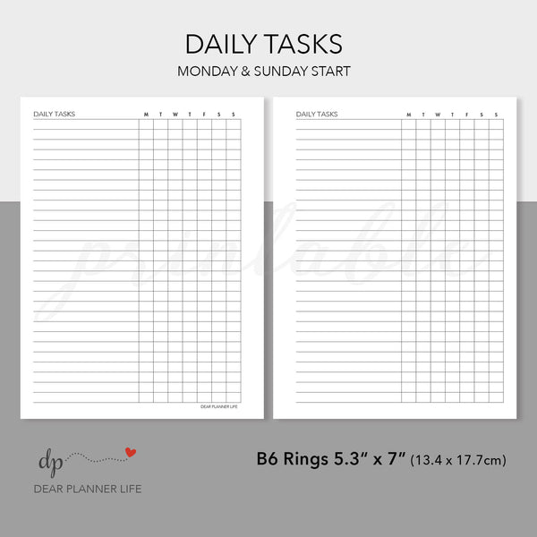 Daily Task List (B6 Rings Size) Printable PDF : B01