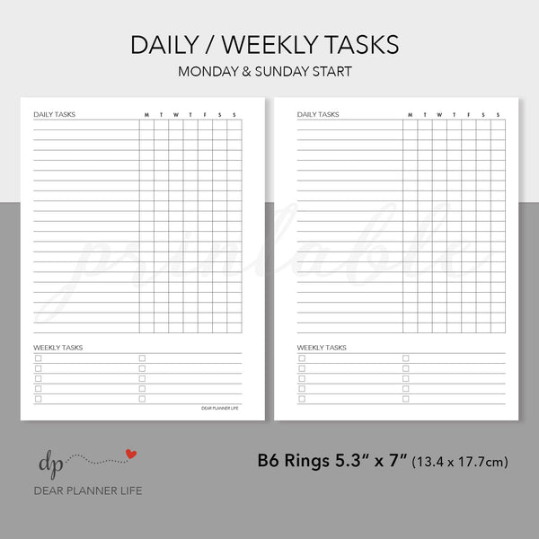 Daily Weekly Tasks (B6 Rings Size) Printable PDF : B02