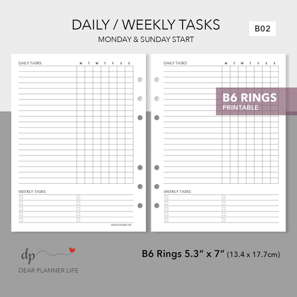 Daily Weekly Tasks (B6 Rings Size) Printable PDF : B02