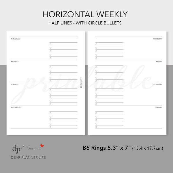 Horizontal Weekly with Half Lines (B6 Rings Size) Printable PDF : B-04