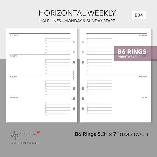 Horizontal Weekly with Half Lines (B6 Rings Size) Printable PDF : B-04