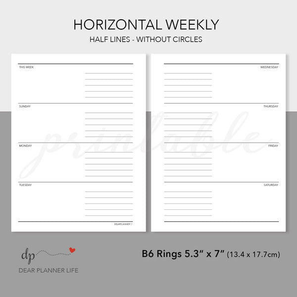 Horizontal Weekly with Half Lines (B6 Rings Size) Printable PDF : B-04