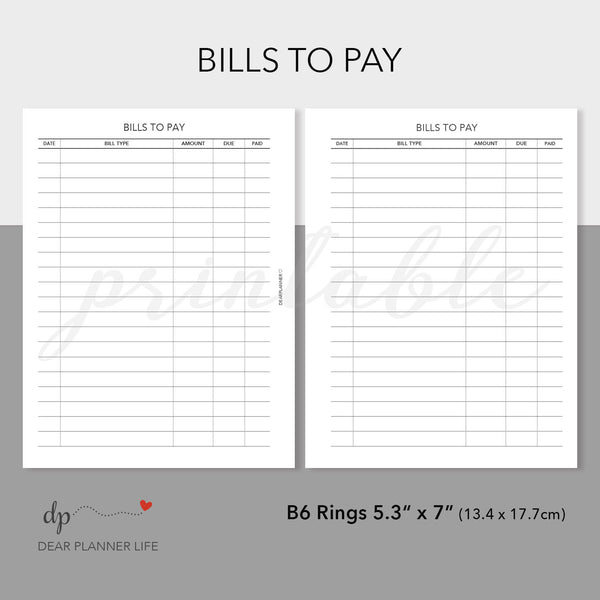 Bills to Pay Page (B6 Rings Size) Printable PDF : B-05