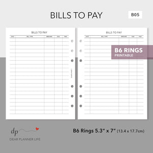 Bills to Pay Page (B6 Rings Size) Printable PDF : B-05