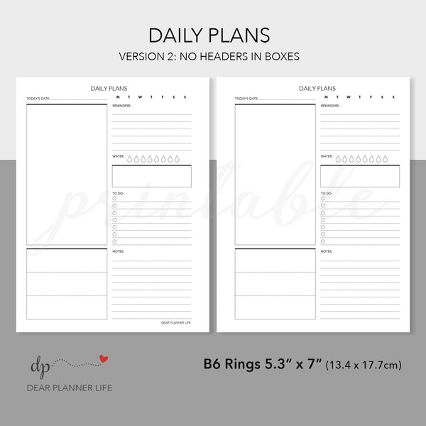 Undated Daily Plans (B6 Rings Size) Printable PDF : B06