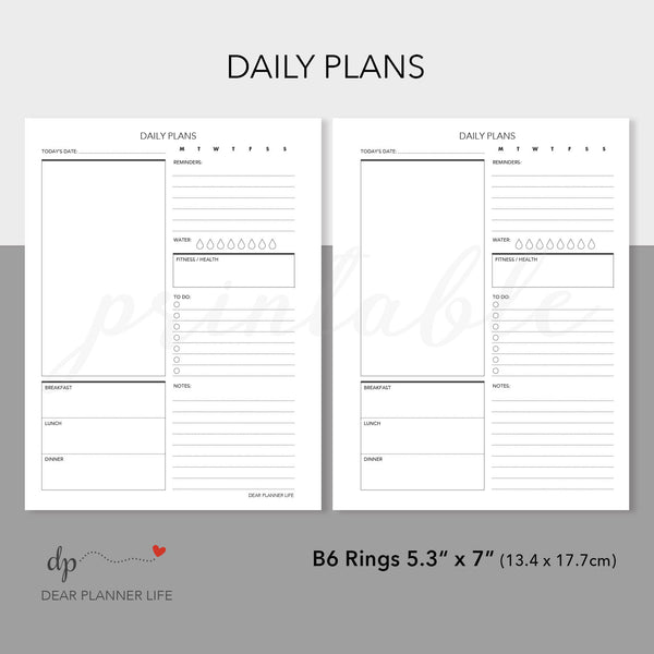 Undated Daily Plans (B6 Rings Size) Printable PDF : B06