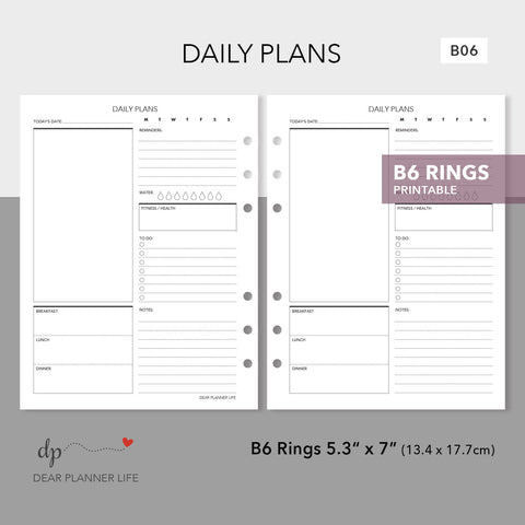 Undated Daily Plans (B6 Rings Size) Printable PDF : B06