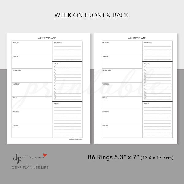 Week on 1 Page, Undated (B6 Rings Size) Printable PDF : B-07