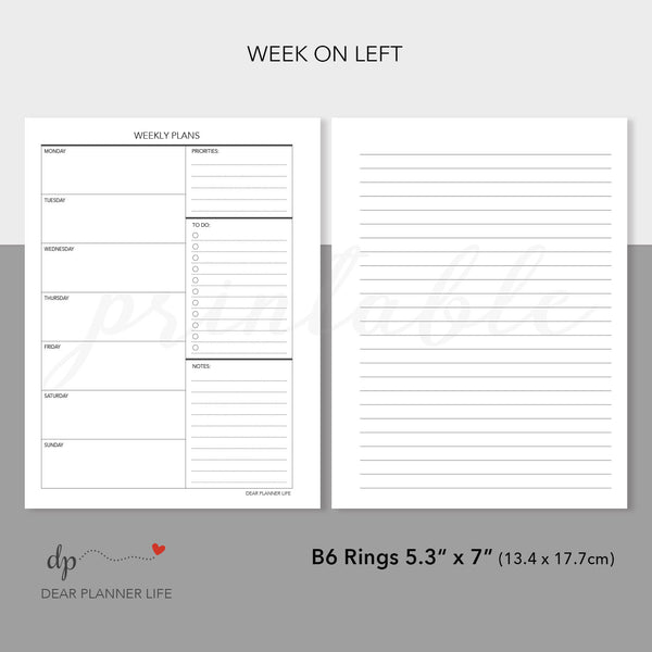 Week on 1 Page, Undated (B6 Rings Size) Printable PDF : B-07