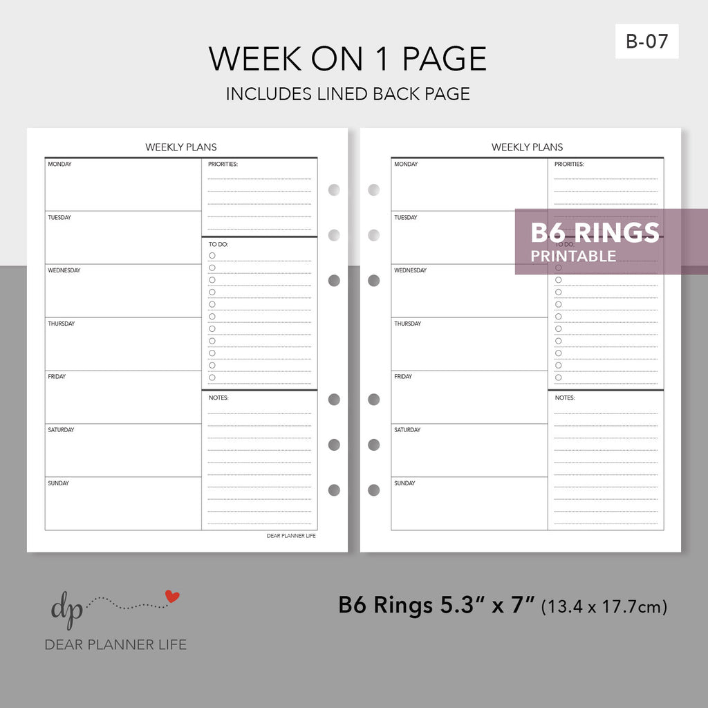 Weekdays Ring Week on 1 Page, Undated (B6 Rings Size) Printable PDF : B-07 ...