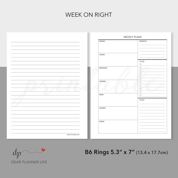 Week on 1 Page, Undated (B6 Rings Size) Printable PDF : B-07