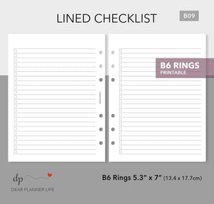 Checklist To-Do Page (B6 Rings Size) Printable PDF : B09