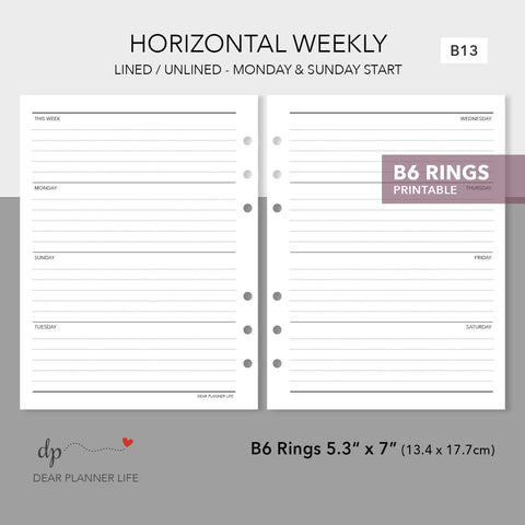 Basic Horizontal Weekly (B6 Rings Size) Printable PDF : B-13