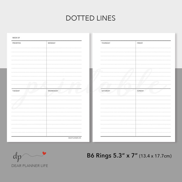 Vertical Quadrant Weekly (B6 Rings Size) Printable PDF : B14