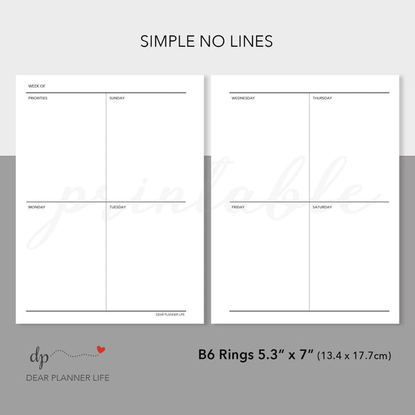 Vertical Quadrant Weekly (B6 Rings Size) Printable PDF : B14