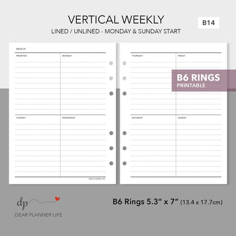 Vertical Quadrant Weekly (B6 Rings Size) Printable PDF : B14