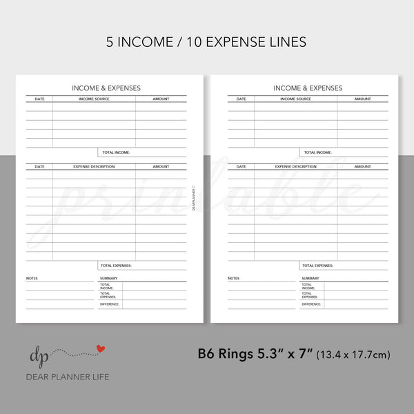 Income & Expense Tracker (B6 Size) Printable PDF : B-16