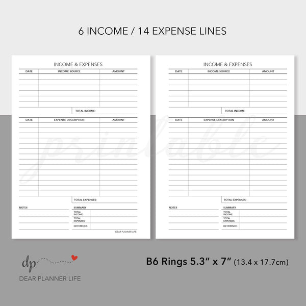 Income & Expense Tracker (B6 Size) Printable PDF : B-16