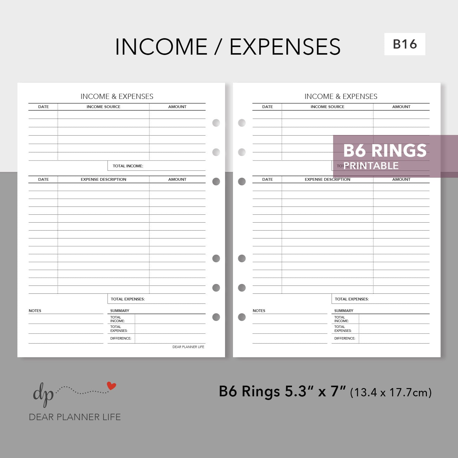 Income & Expense Tracker (B6 Size) Printable PDF : B-16 – DearPlannerLife