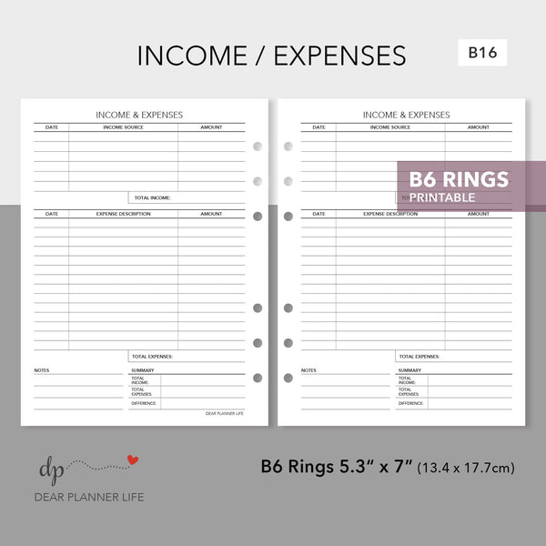 Income & Expense Tracker (B6 Size) Printable PDF : B-16