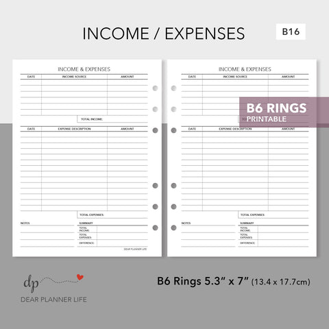 Income & Expense Tracker (B6 Size) Printable PDF : B-16