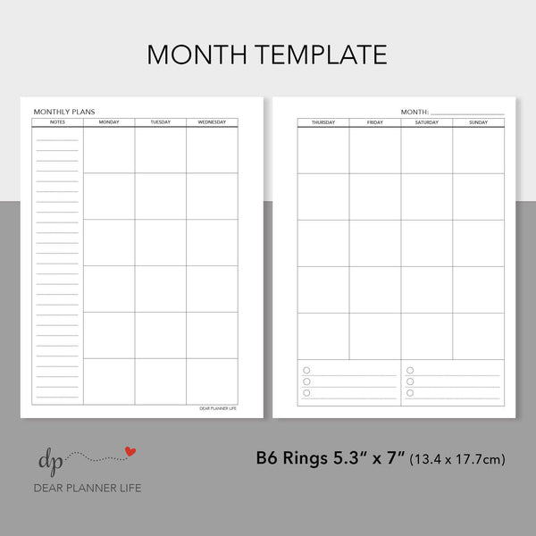 Undated Monthly Template (B6 Rings Size) Printable PDF : B-22.25