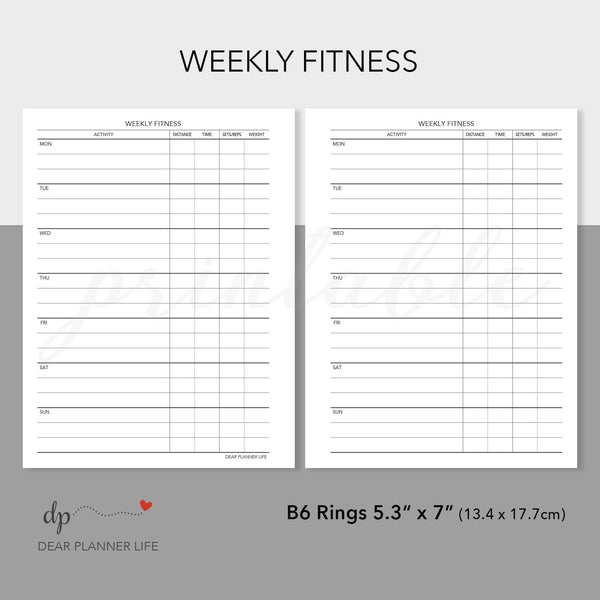 Weekly Fitness Tracker (B6 Size) PDF Printable : B24