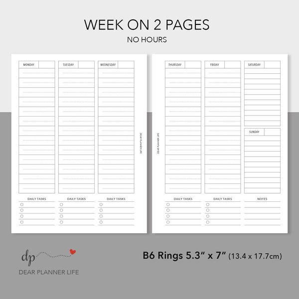 Vertical Week on 2 Pages (B6 Rings Size) Printable PDF : B-26