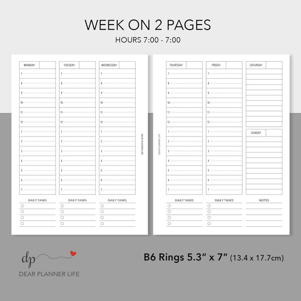 Vertical Week on 2 Pages (B6 Rings Size) Printable PDF : B-26